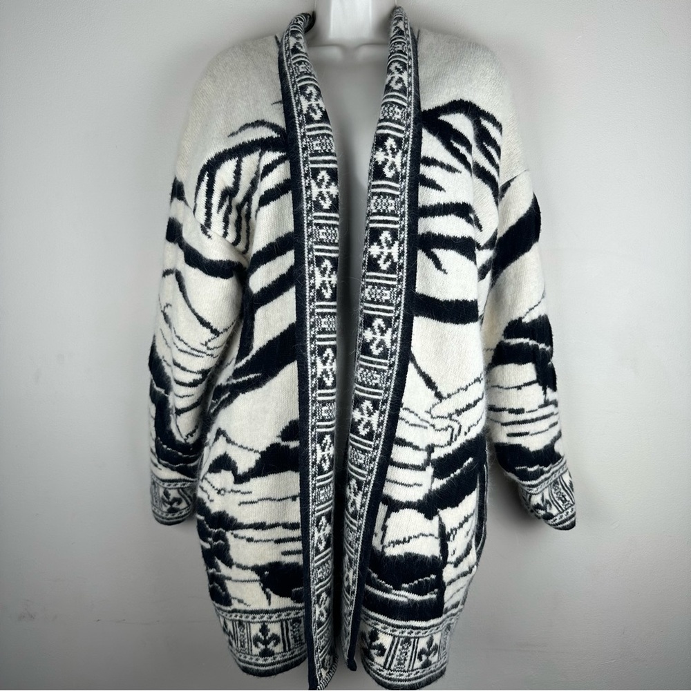 Vintage Nina Austin Ivory Lambswool Angora Cardigan Scenic Nordic Print Artsy L